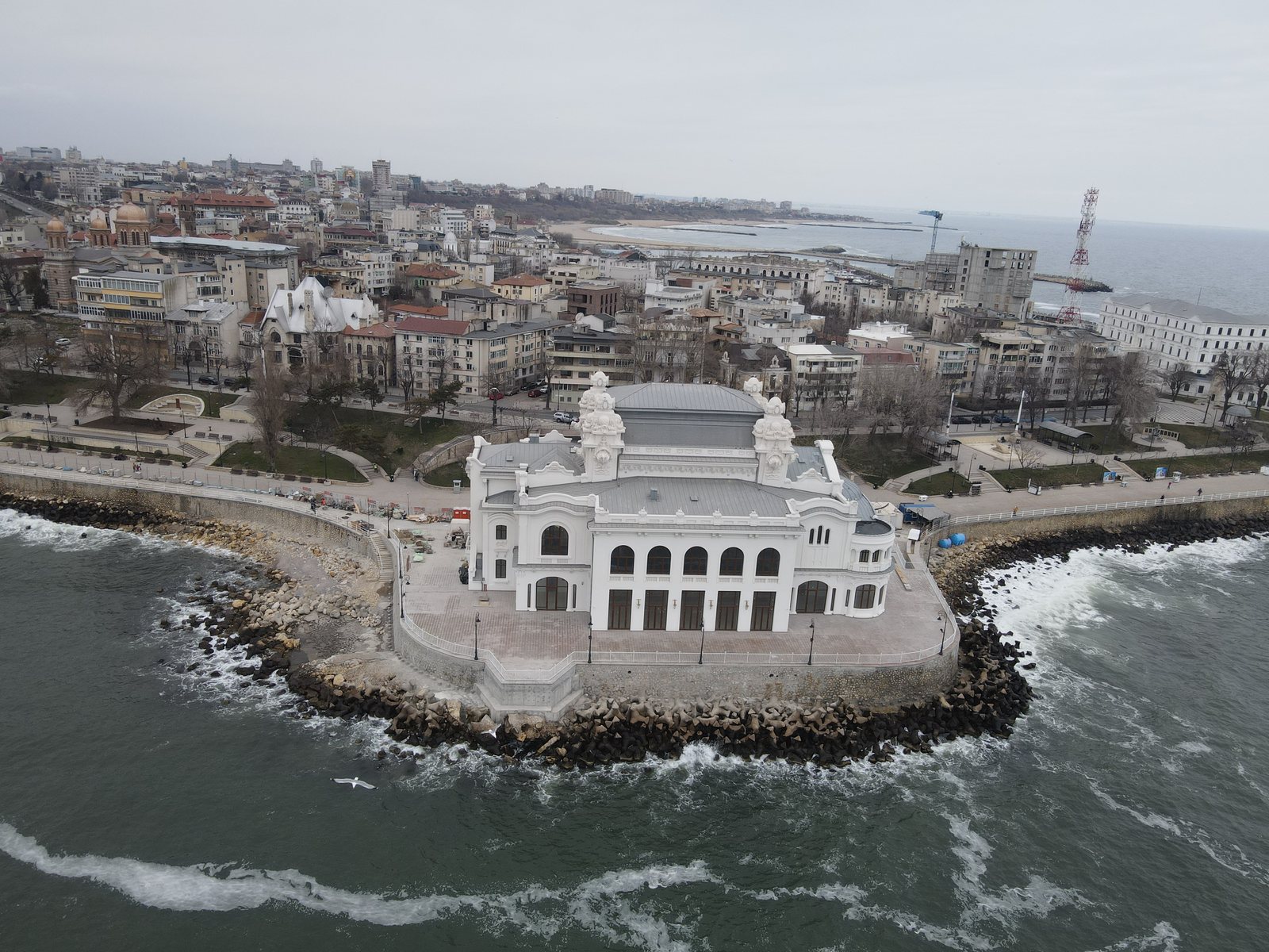 The Constanța Casino seen from a drone, the sea around it, after restoration