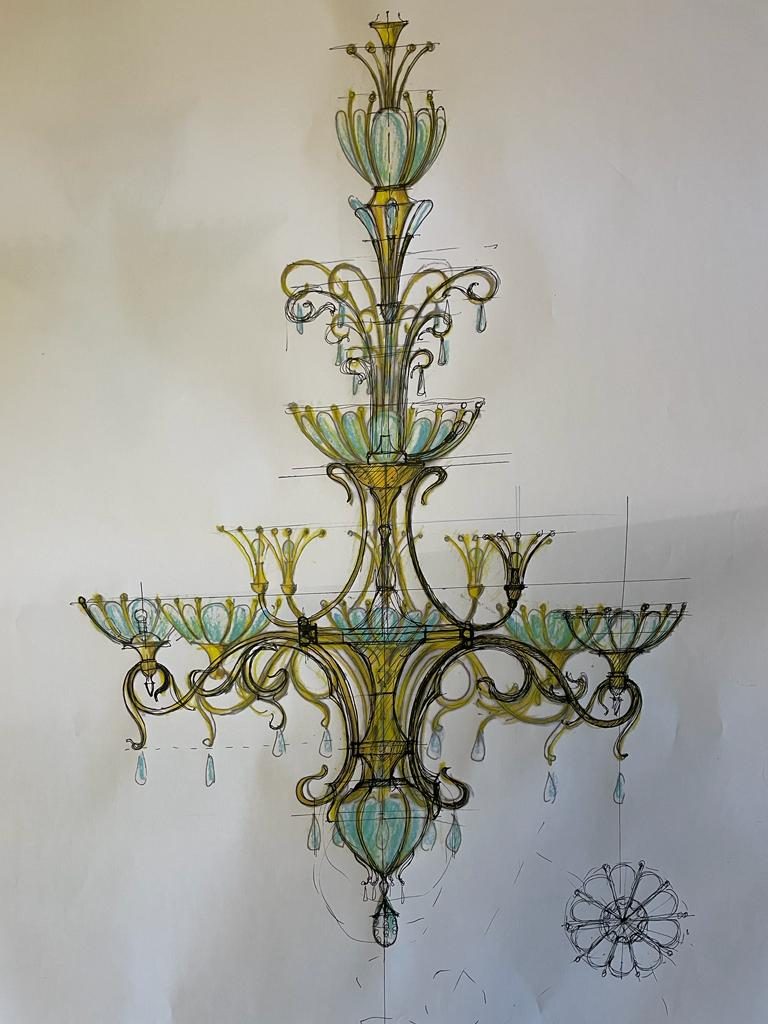 Colour sketch of an Art Nouveau chandelier with arms and glass droplets