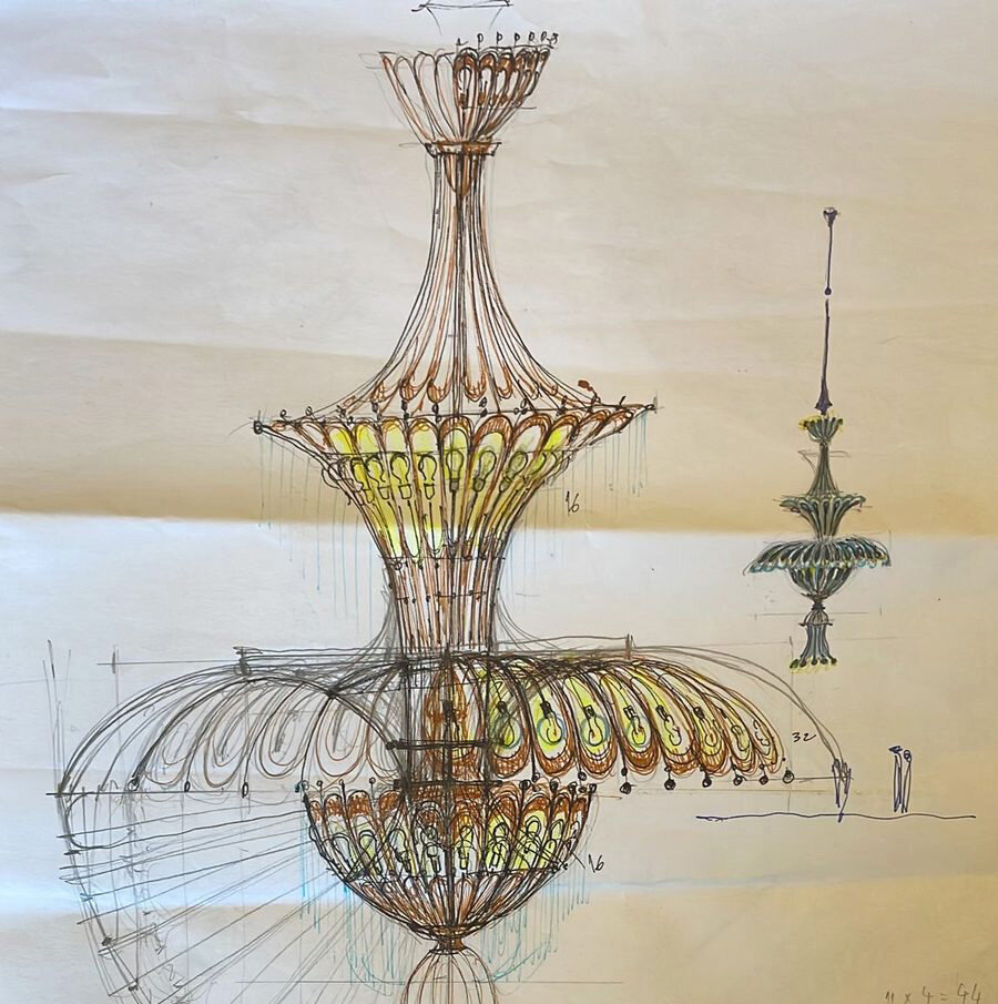 Pencil and colour sketch of the Art Nouveau chandelier for the Casino's great hall