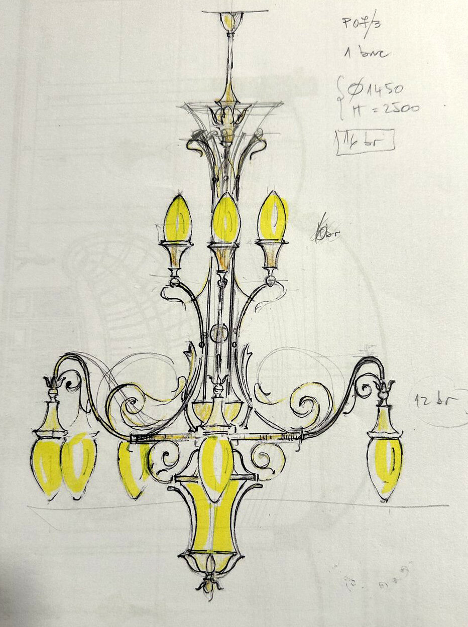 Chandelier sketch with handwritten technical annotations