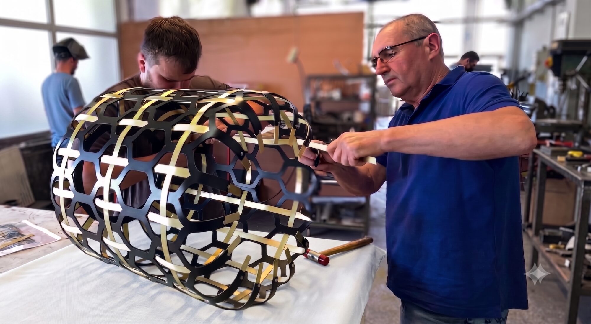 FD.STIL craftsmen assembling a contemporary piece in brass and black metal