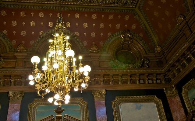 Brass chandelier made by FD.STIL for a board room of the National Bank of Romania