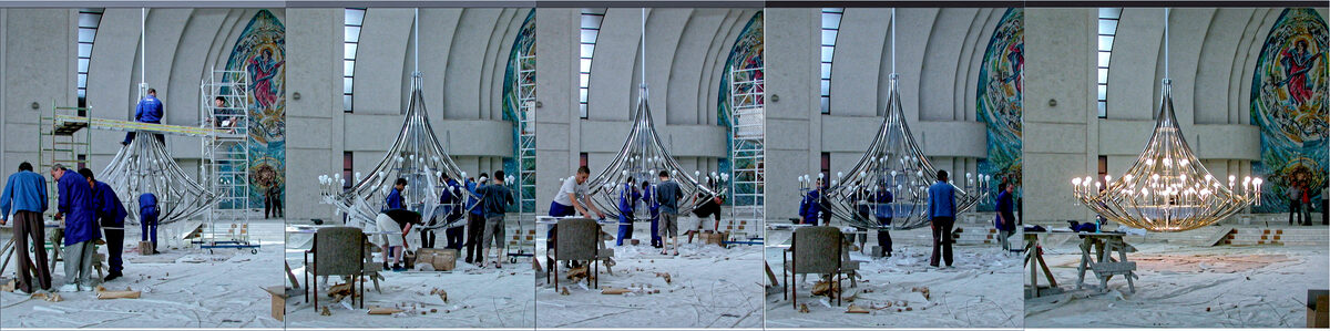 Site collage: the Iași cathedral chandelier receives its glass garlands and is lit for the first time, beneath the mosaic of the Virgin Mary