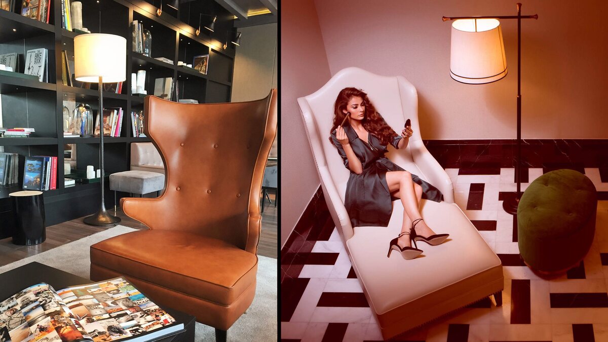 The lounge areas at Stejarii Country Club: a floor lamp with a white shade beside the library, and a long swing-arm wall light above a chaise longue